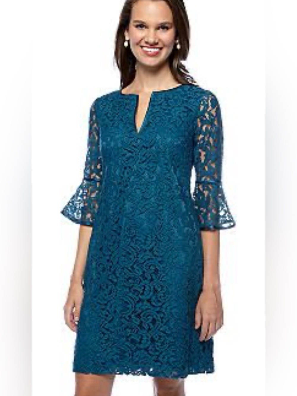 Adrianna Papell Teal Lace Shift Dress with Notch Neck